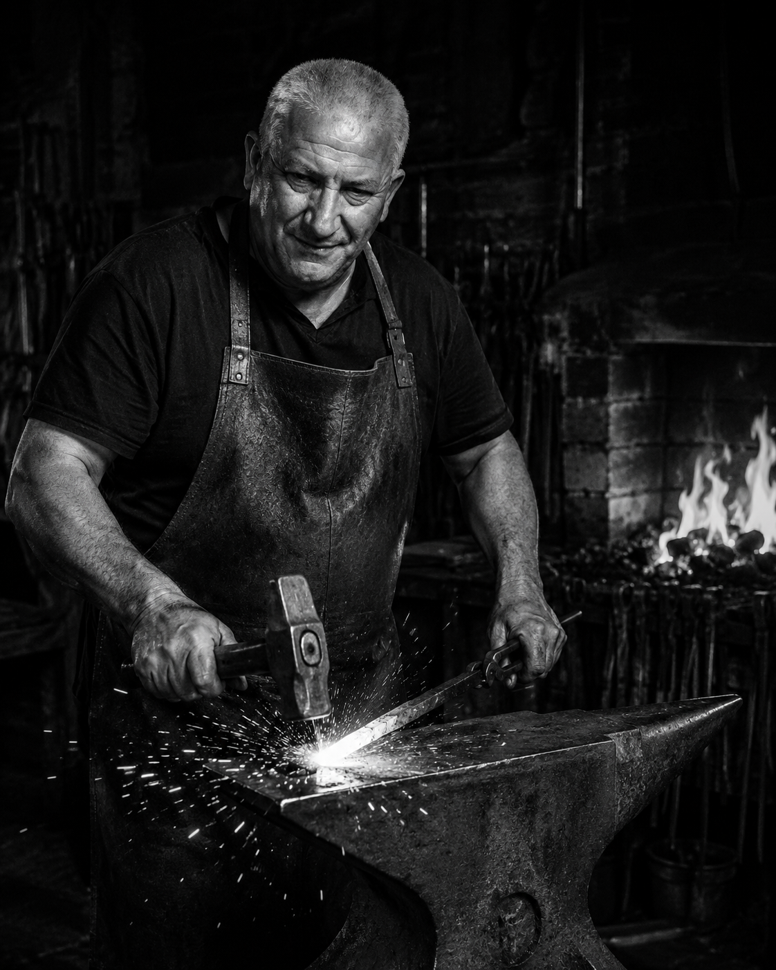 Retrato en blanco y negro del herrero forjando hierro en su taller