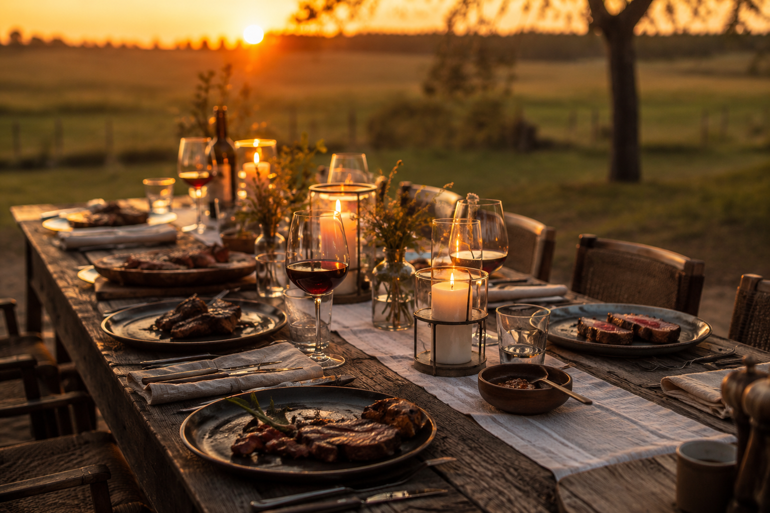 Mesa larga servida al atardecer en el campo argentino