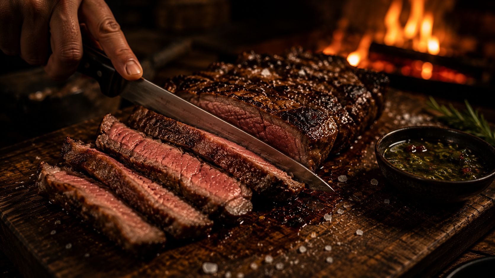 Manos cortando un corte de carne sobre tabla de madera