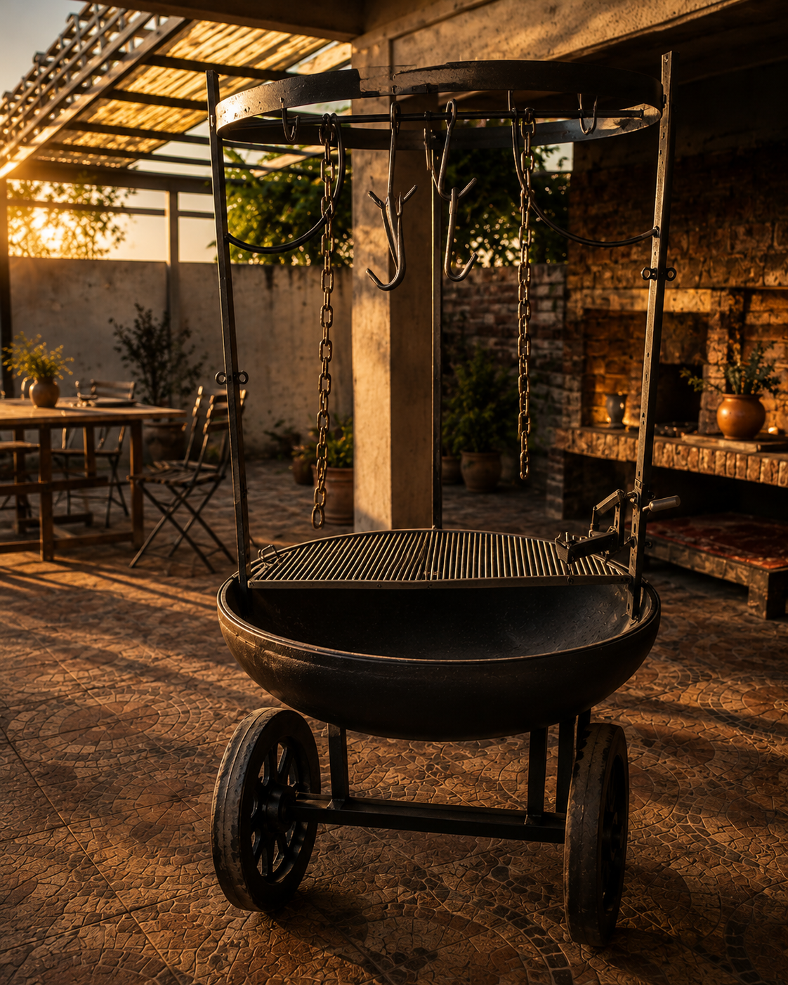 Asador del Cid forjado a mano instalado en un quincho premium al atardecer