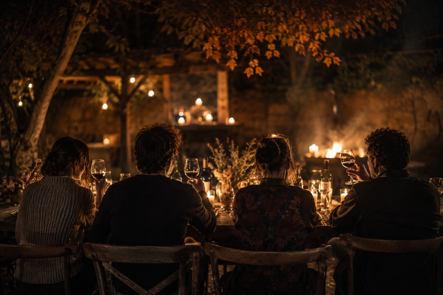 Sobremesa de amigos vistos de espaldas alrededor de una mesa con velas