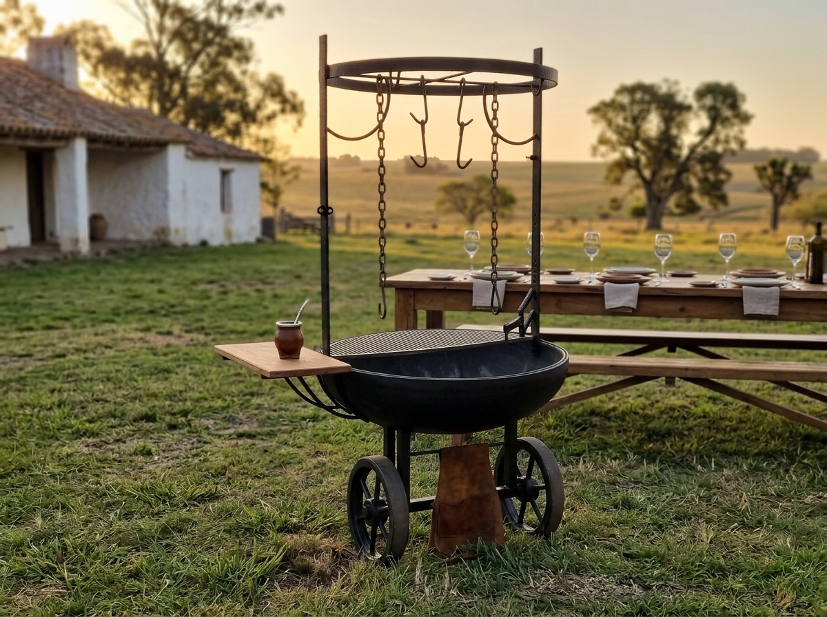Asador Modelo B en una estancia argentina junto a una mesa larga con vista a la pampa al atardecer