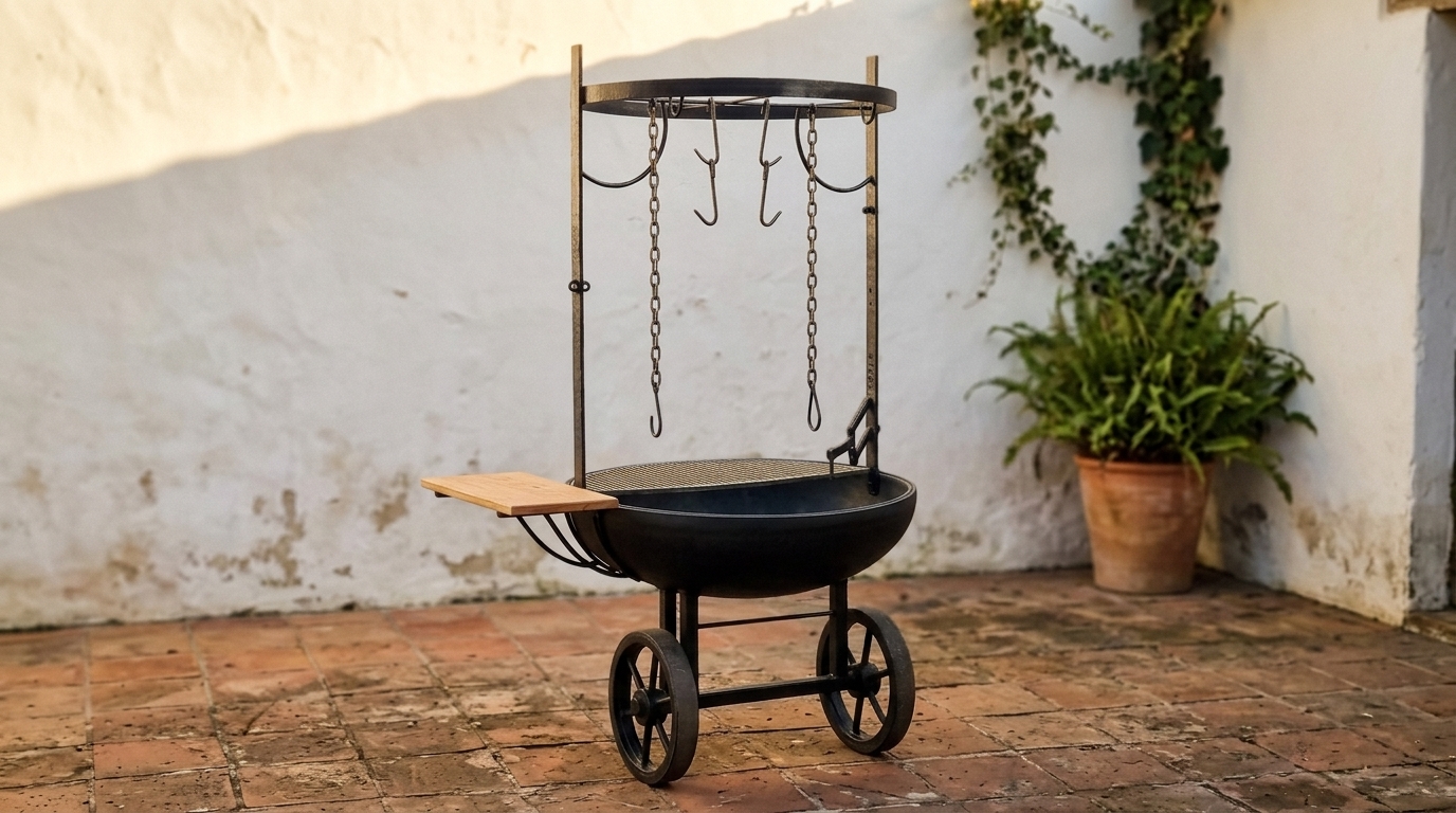 Asador a la cruz forjado a mano recién instalado en un patio rural, todavía sin estrenar, a la luz suave del atardecer