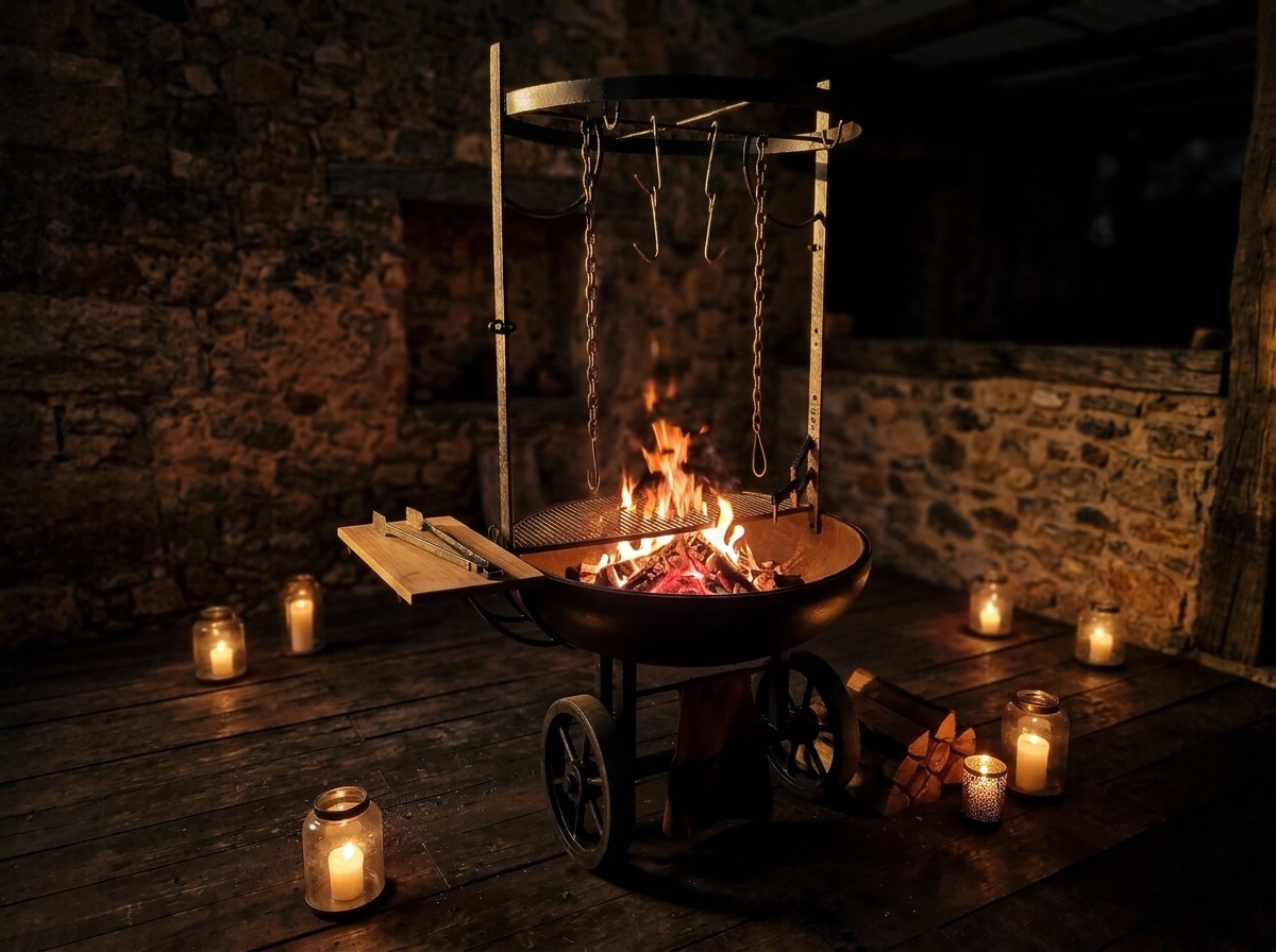 Asador Modelo C encendido en un patio íntimo nocturno rodeado de faroles con brasas y pequeñas llamas
