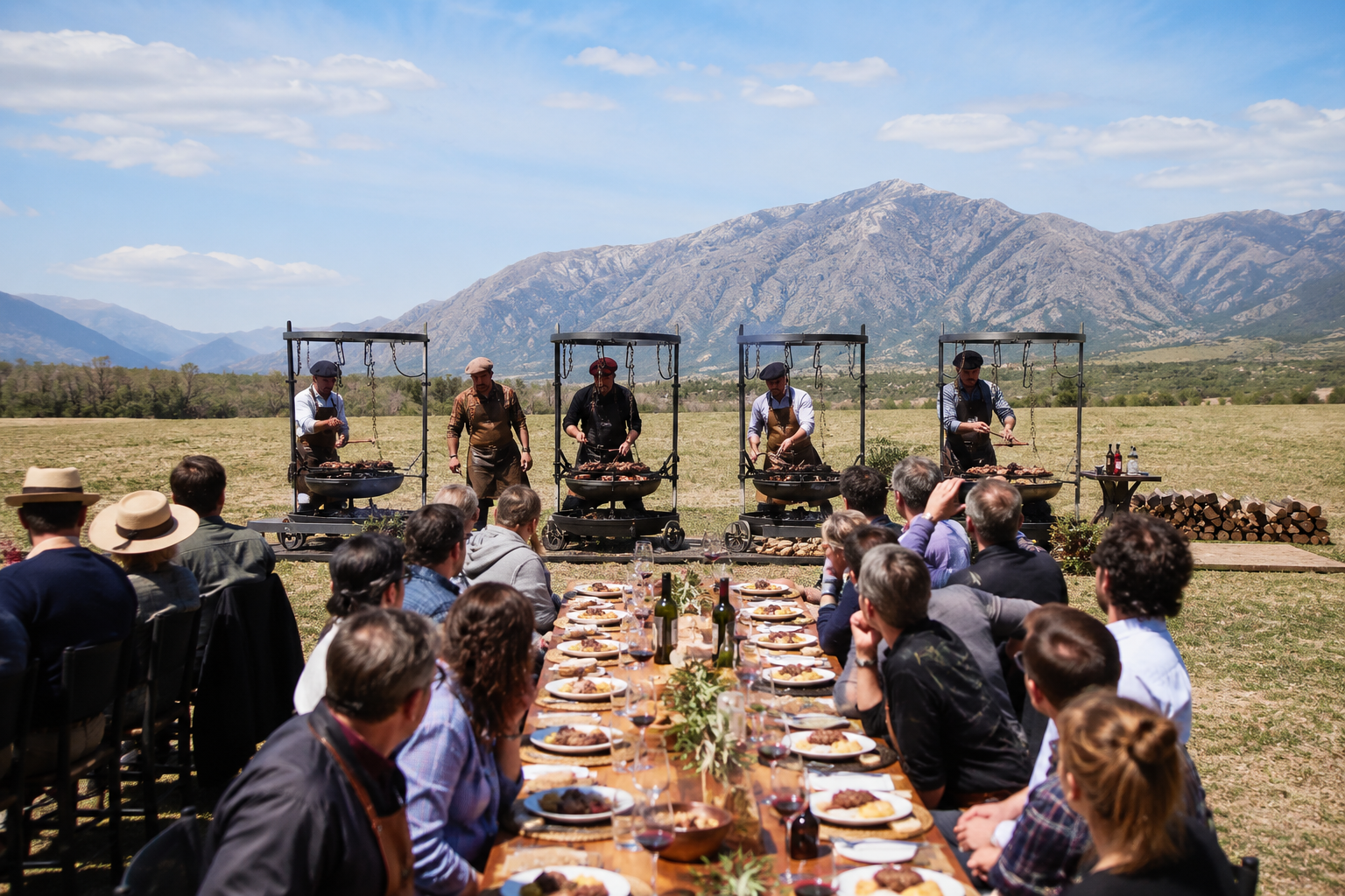 Cinco asadores del Cid cocinando en simultáneo frente a una mesa larga de invitados, con la montaña de fondo