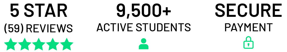 Trust badges - 5 star reviews, 9500+ students, secure payment