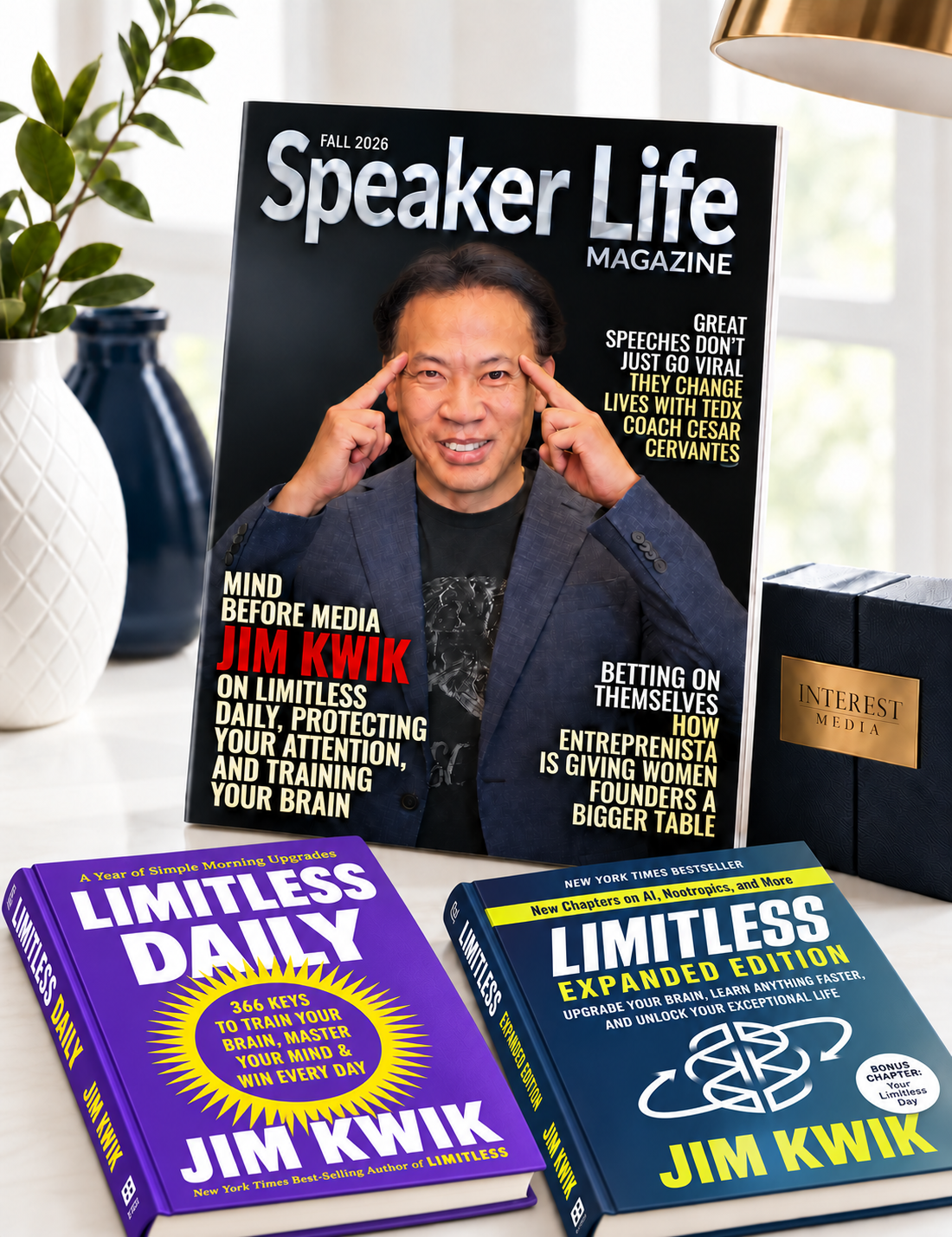 Speaker Life Magazine Fall 2026 Jim Kwik cover photographed with his Limitless books