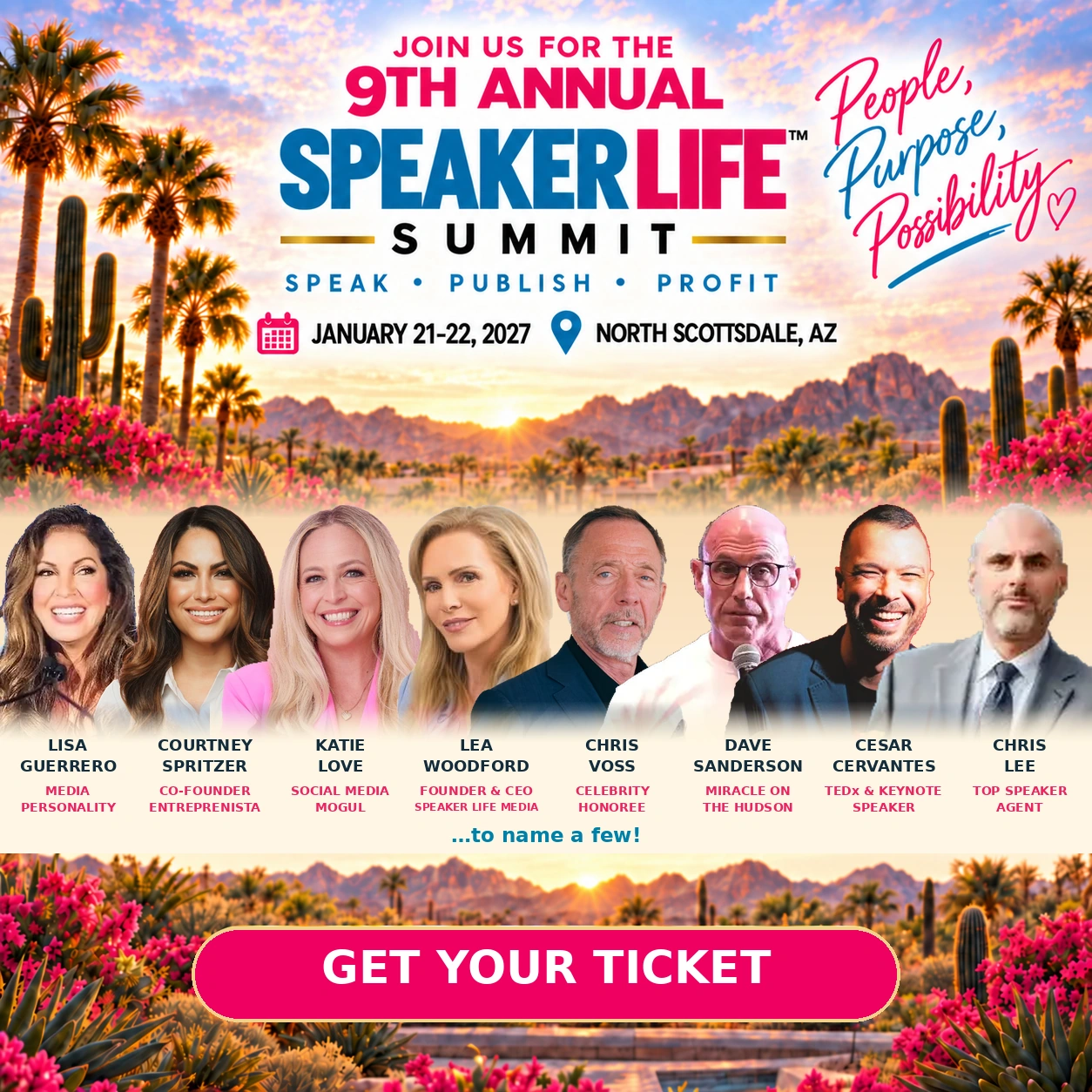 Speaker Life Summit 2027 lineup featuring Lisa Guerrero, Courtney Spritzer, Katie Love, Lea Woodford, Chris Voss, Dave Sanderson, Cesar Cervantes and Chris Lee