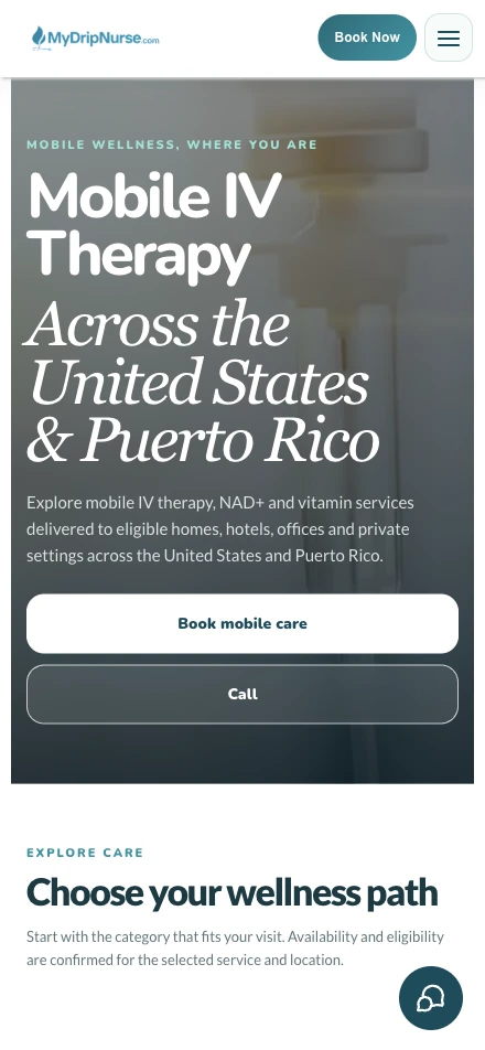 Website de My Drip Nurse en móvil