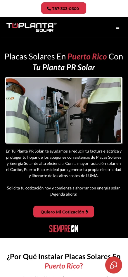 Website de Tu Planta PR Solar en móvil
