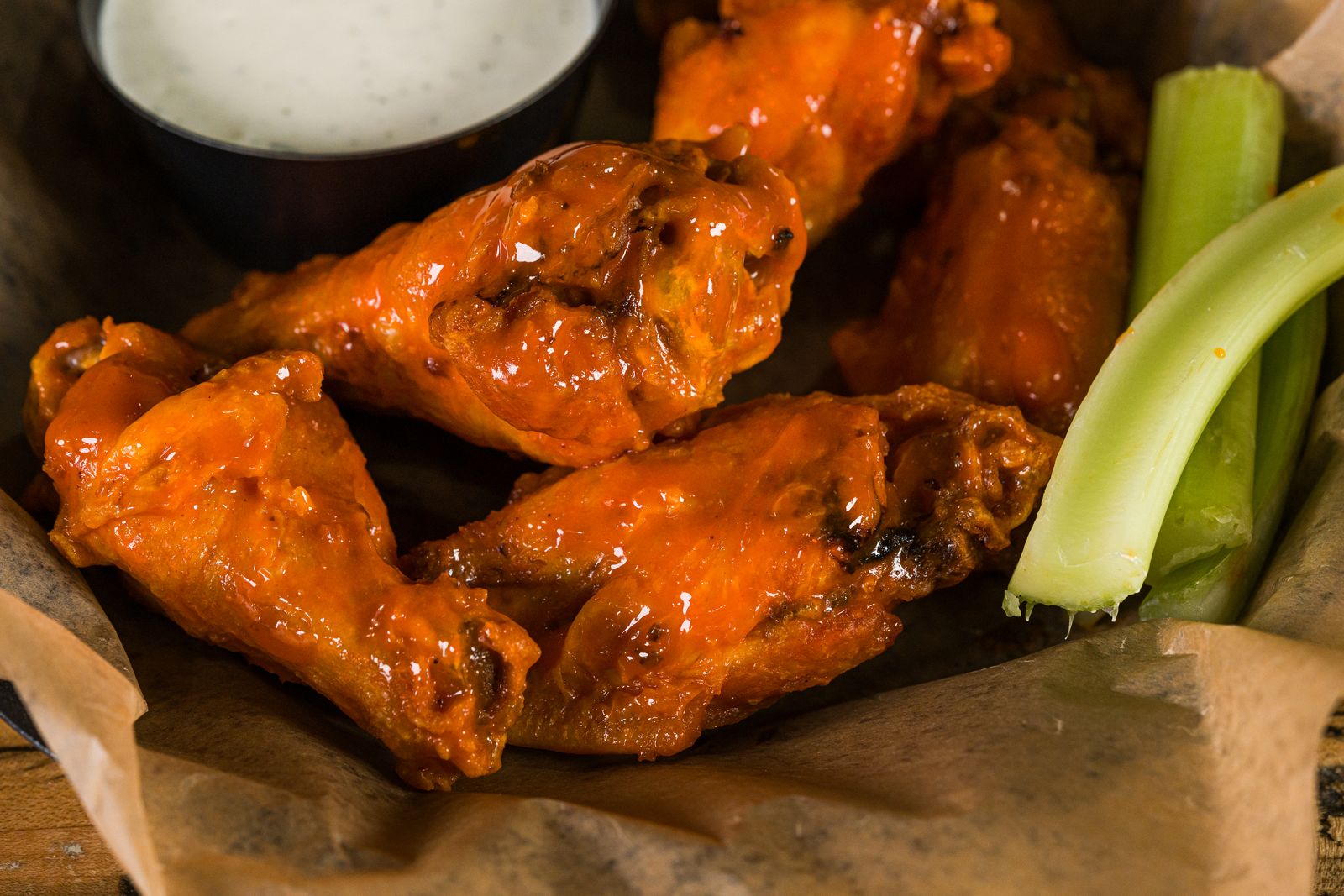 Buffalo wings with celery, shot on location