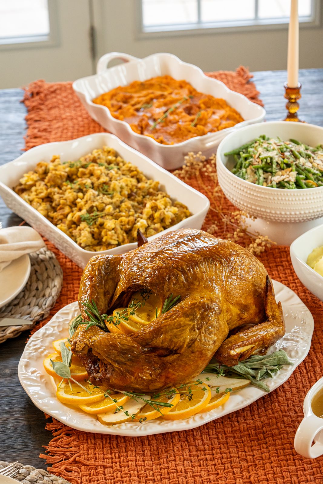 Cooked Goose Catering Thanksgiving spread with roast turkey and sides