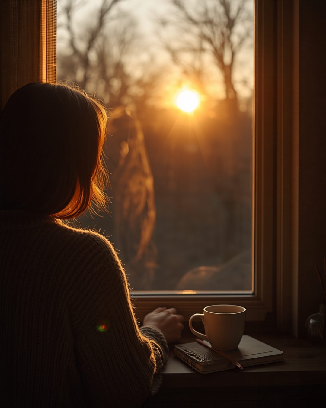 Woman at a window at sunrise with a journal and a cup of tea
