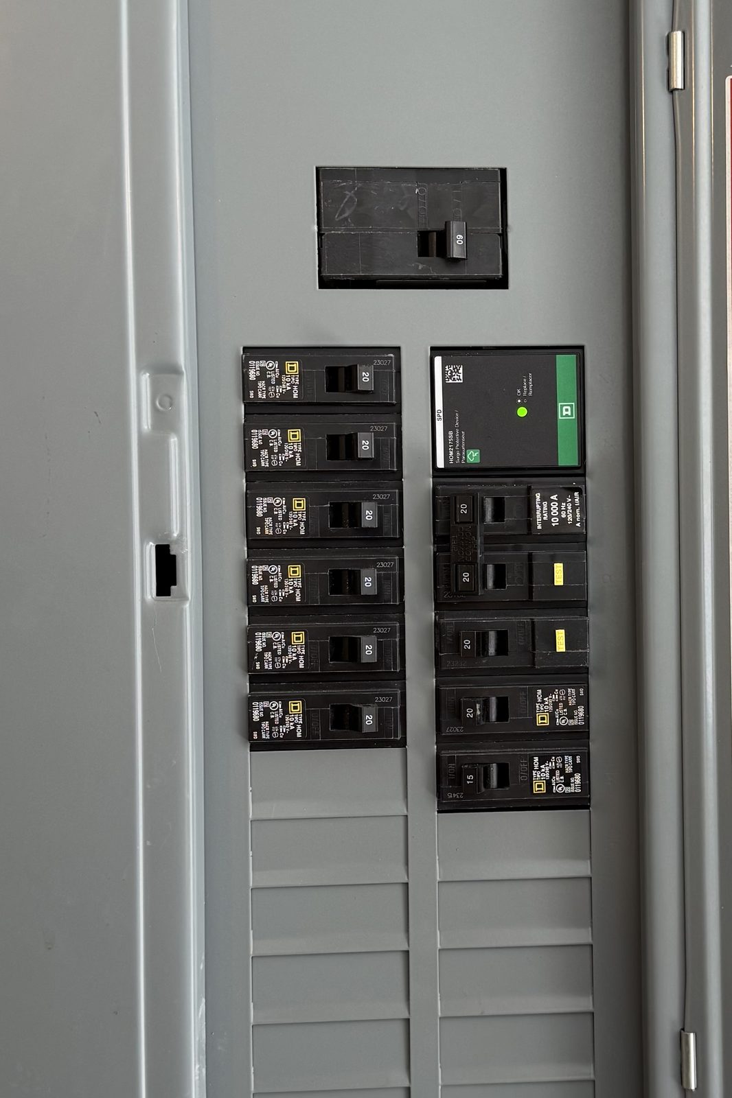 Close-up of a surge protective device and breakers in a new panel