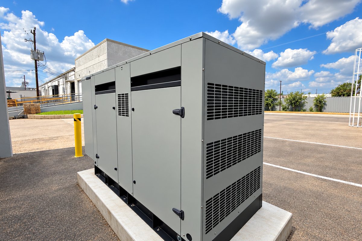 Commercial Gillette standby generator in a Houston facility parking area