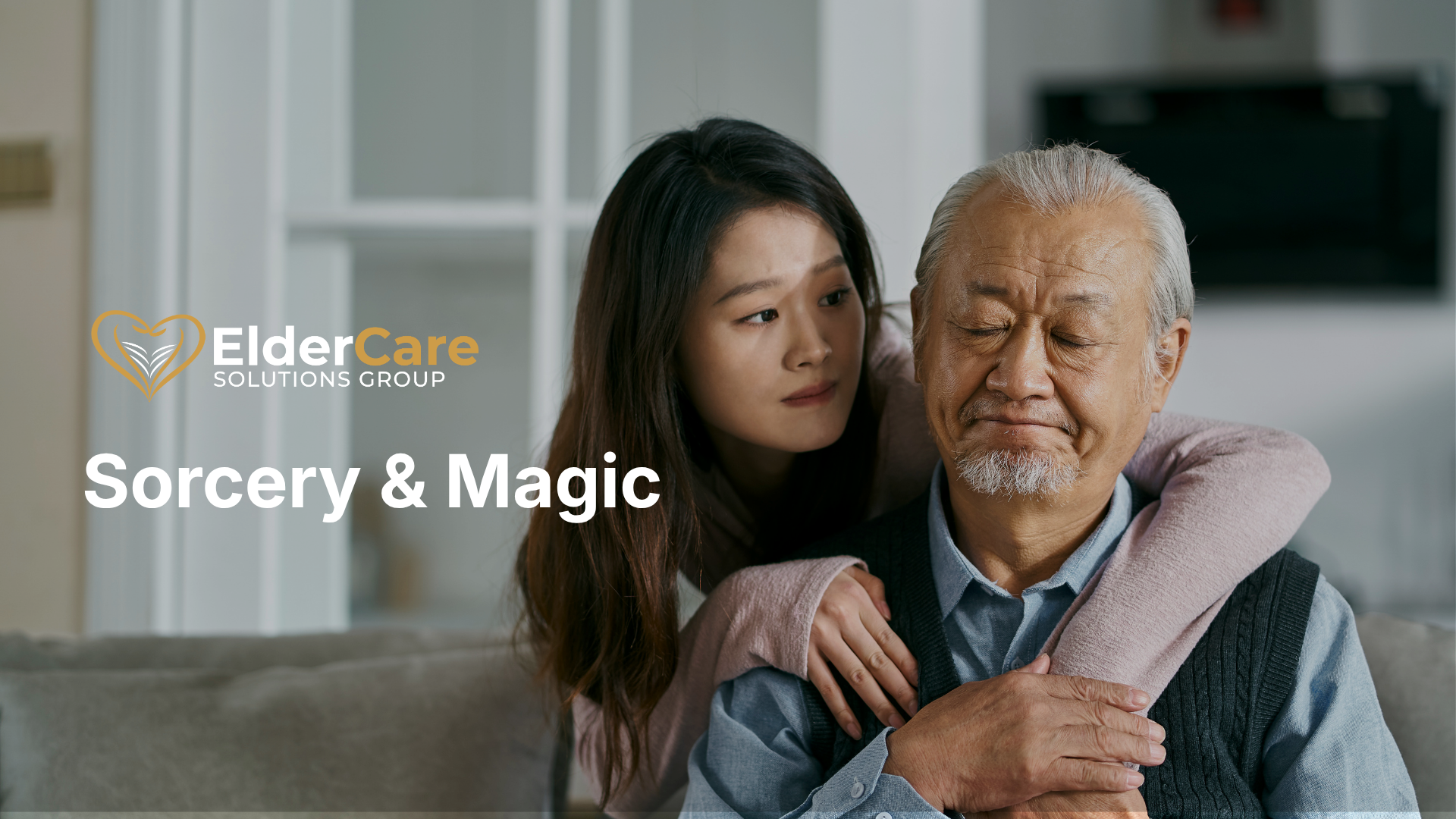Elderly couple smiling together at home with overlay of animated characters, representing real resident stories in a senior living home environment Elderly couple smiling together at home with overlay of animated characters, representing real resident stories in a senior living home environment