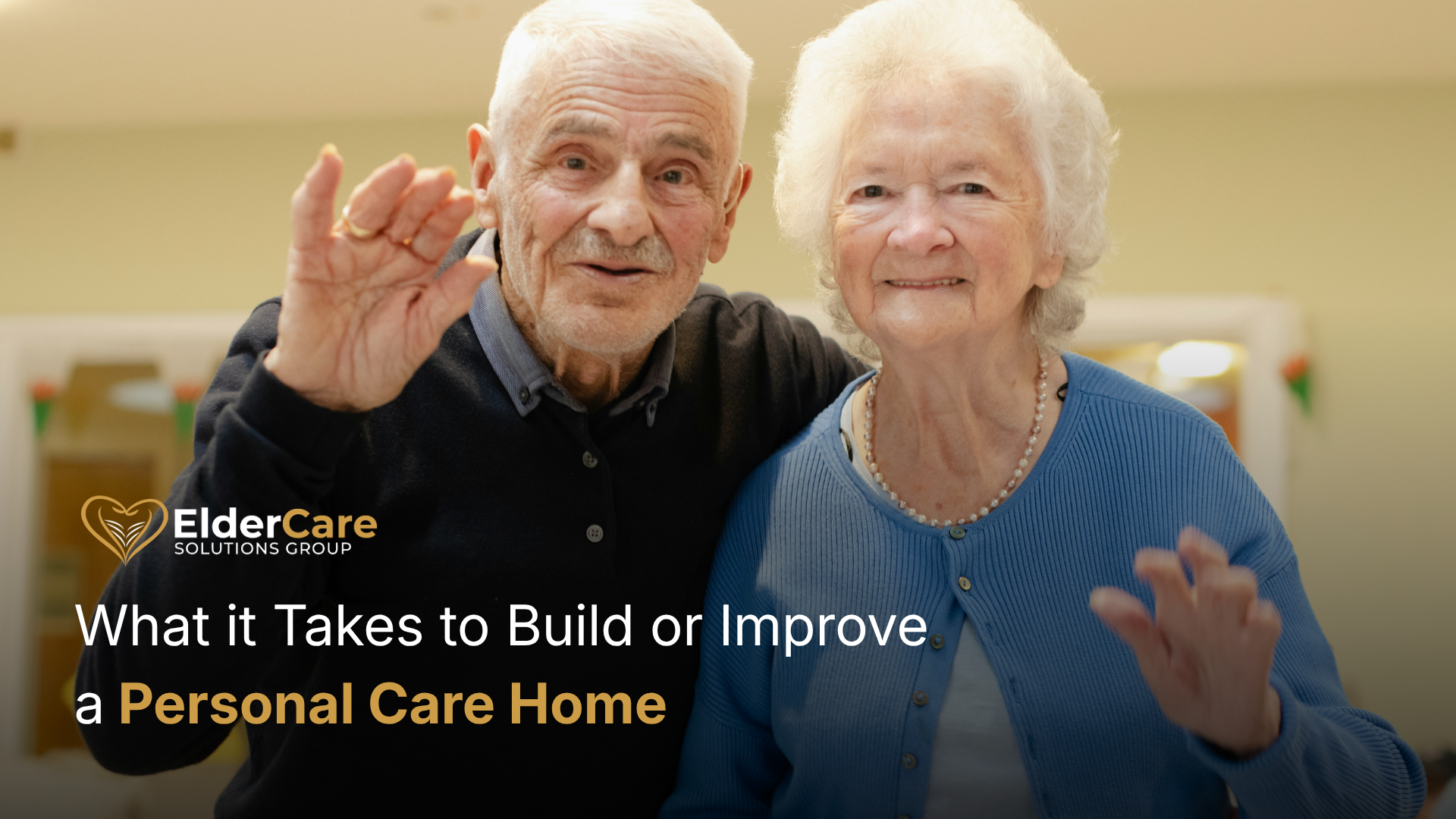 Smiling elderly couple waving at camera indoors, representing happiness, companionship, and quality of life in personal care homes Smiling elderly couple waving at camera indoors, representing happiness, companionship, and quality of life in personal care homes