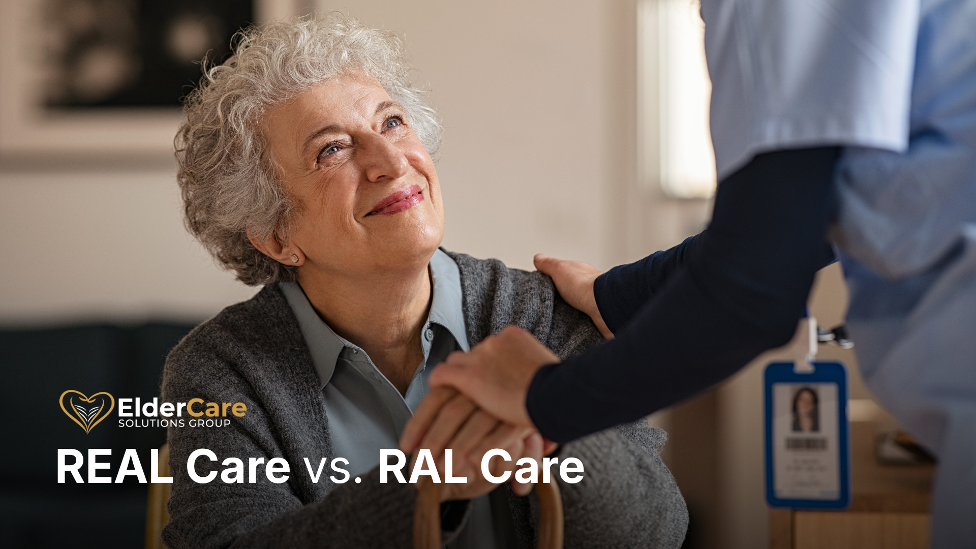 Caregiver warmly holding elderly woman’s hand, illustrating the difference between real personalized care and traditional assisted living services Caregiver warmly holding elderly woman’s hand, illustrating the difference between real personalized care and traditional assisted living services