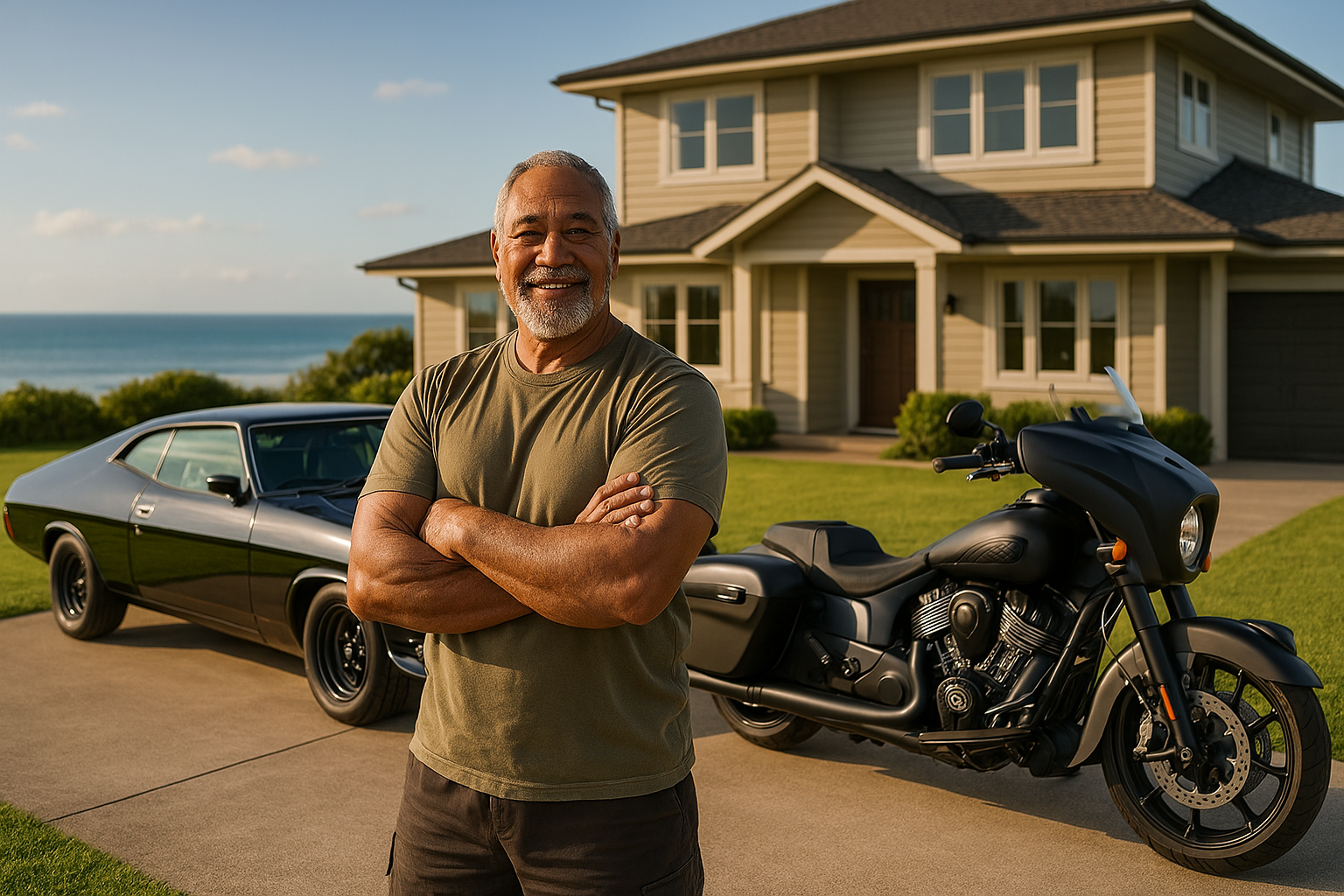 AI Jordi Johnson standing in front of his pretend house, on a pretend seaside coast, in front of his pretend 1978 XC Falcon coupe and 2025 Dark Horse Chieftain. All AI generated. Not the Real Deal.
