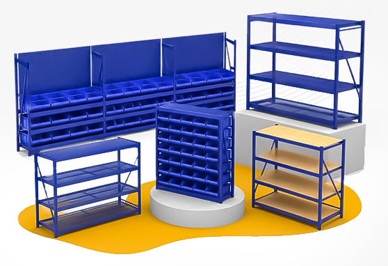 Wide span shelving arranged for bulk inventory