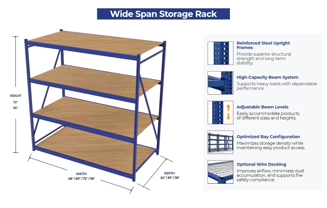 Wide span racks holding boxed inventory in a commercial storage area
