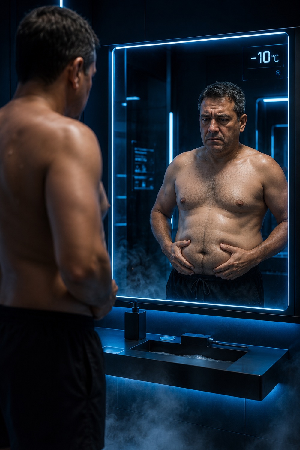 Hombre de 45 años frente al espejo de un baño futurista, agarrándose la grasa del abdomen con frustración