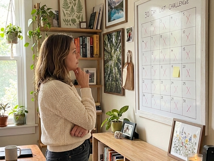 Leadership coach at her desk in front of a whiteboard showing a 30 day test grid with the winning block covered