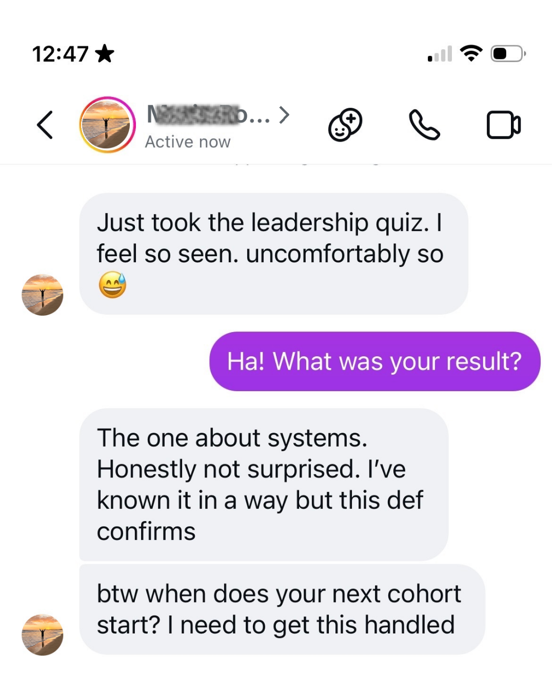 Instagram DM exchange from a reader who took the quiz