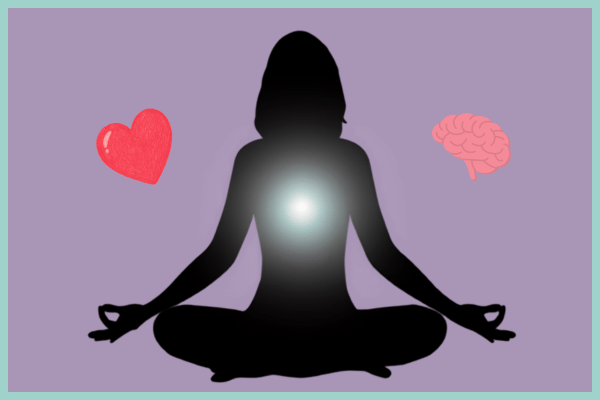 woman meditating with heart to right, brain to the left and light (intuition) in center