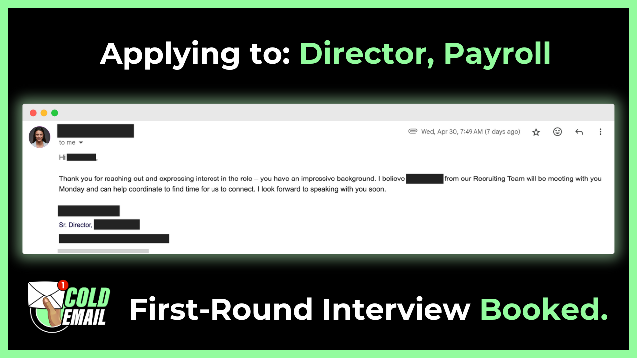 Screenshot shows a response to a cold email from someone who is applying to a Director, Payroll position and has been invited to a first-round interview.