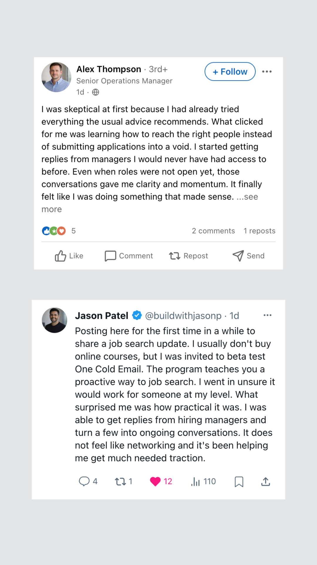 Screenshot shows a response to a cold email from someone who is applying to a Project Manager position and has secured an internal company referral. 