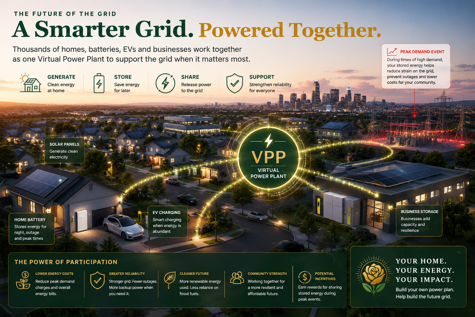 Virtual Power Plant concept showing homes, solar, batteries, electric vehicles, business storage and the utility grid working together.