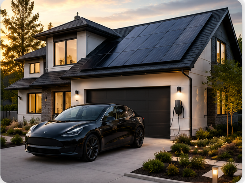 Modern solar home with black EV in driveway