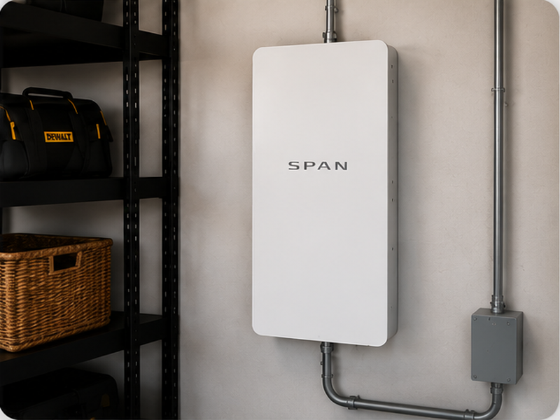 White SPAN smart electrical panel in a garage