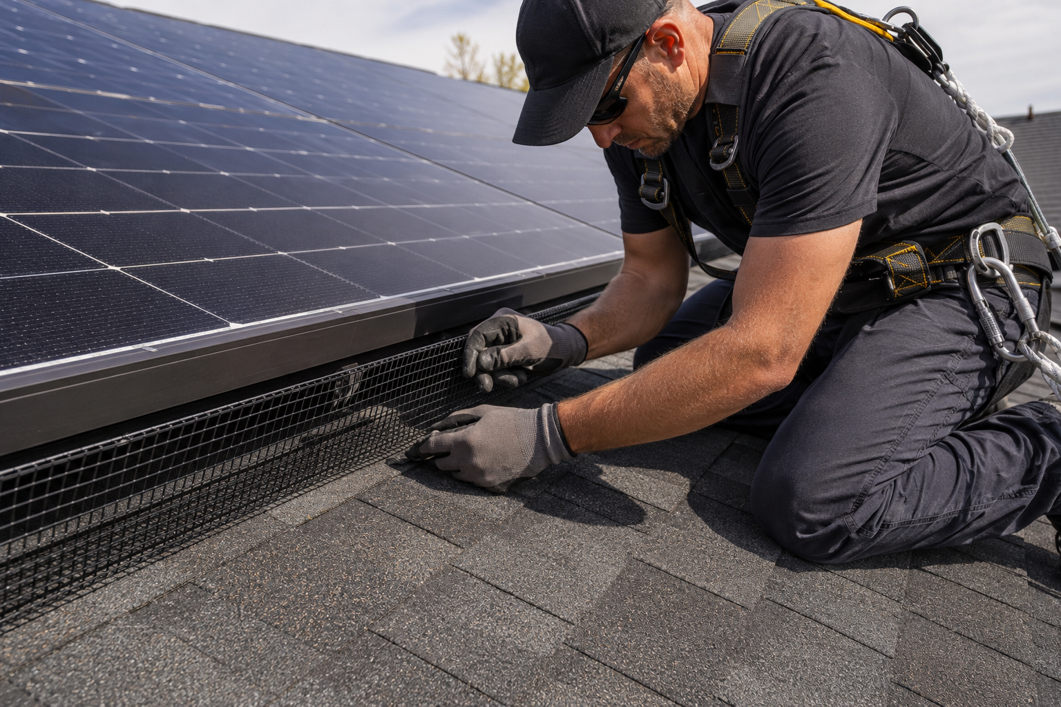 Critter guard installation beneath Solar panels