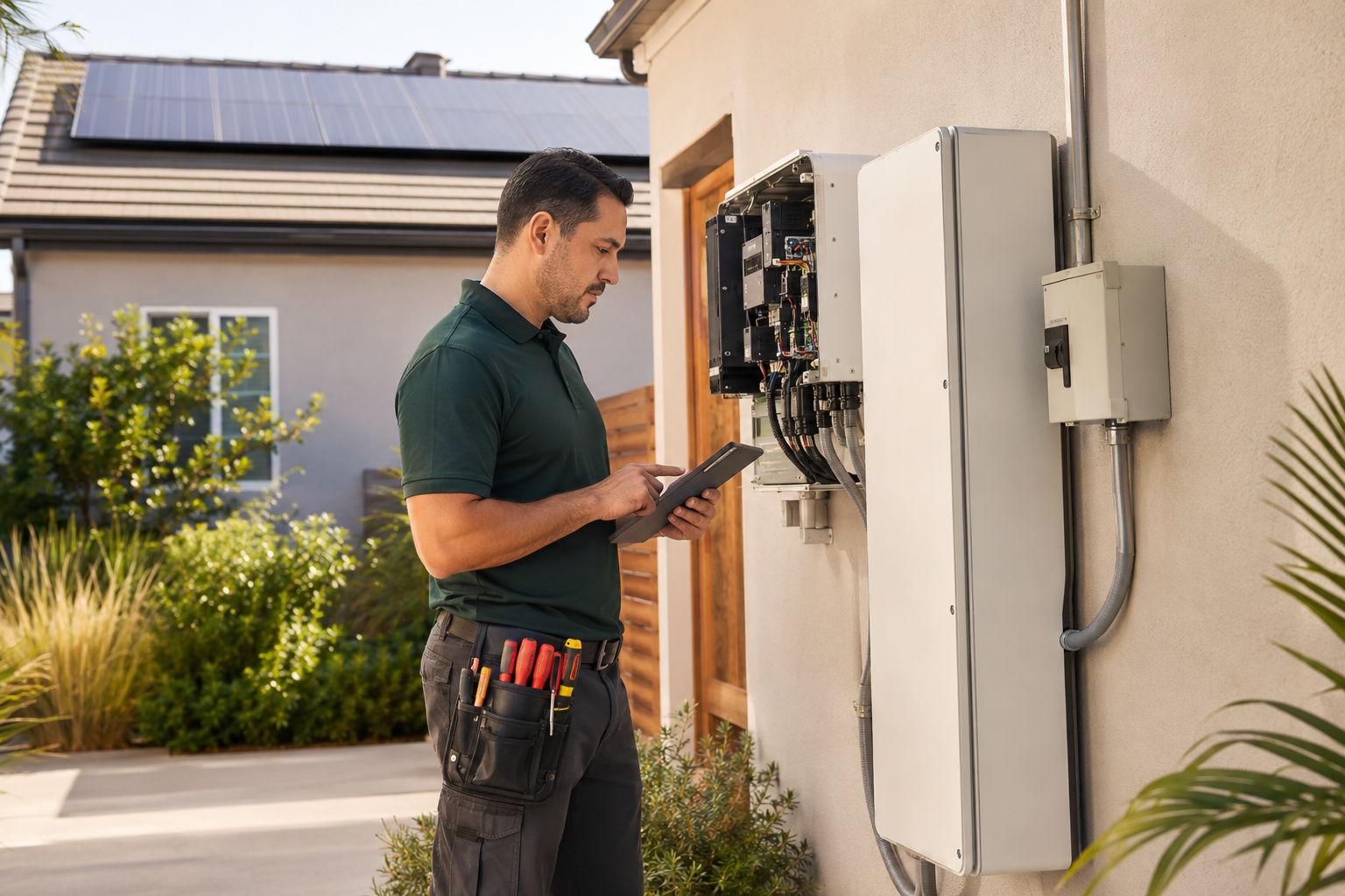 Technician diagnosing an existing Solar and Battery system