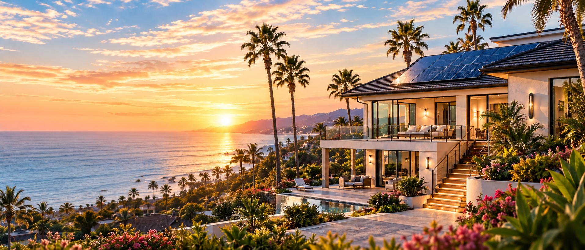 California coastal Smart Energy Home with rooftop Solar panels at sunset