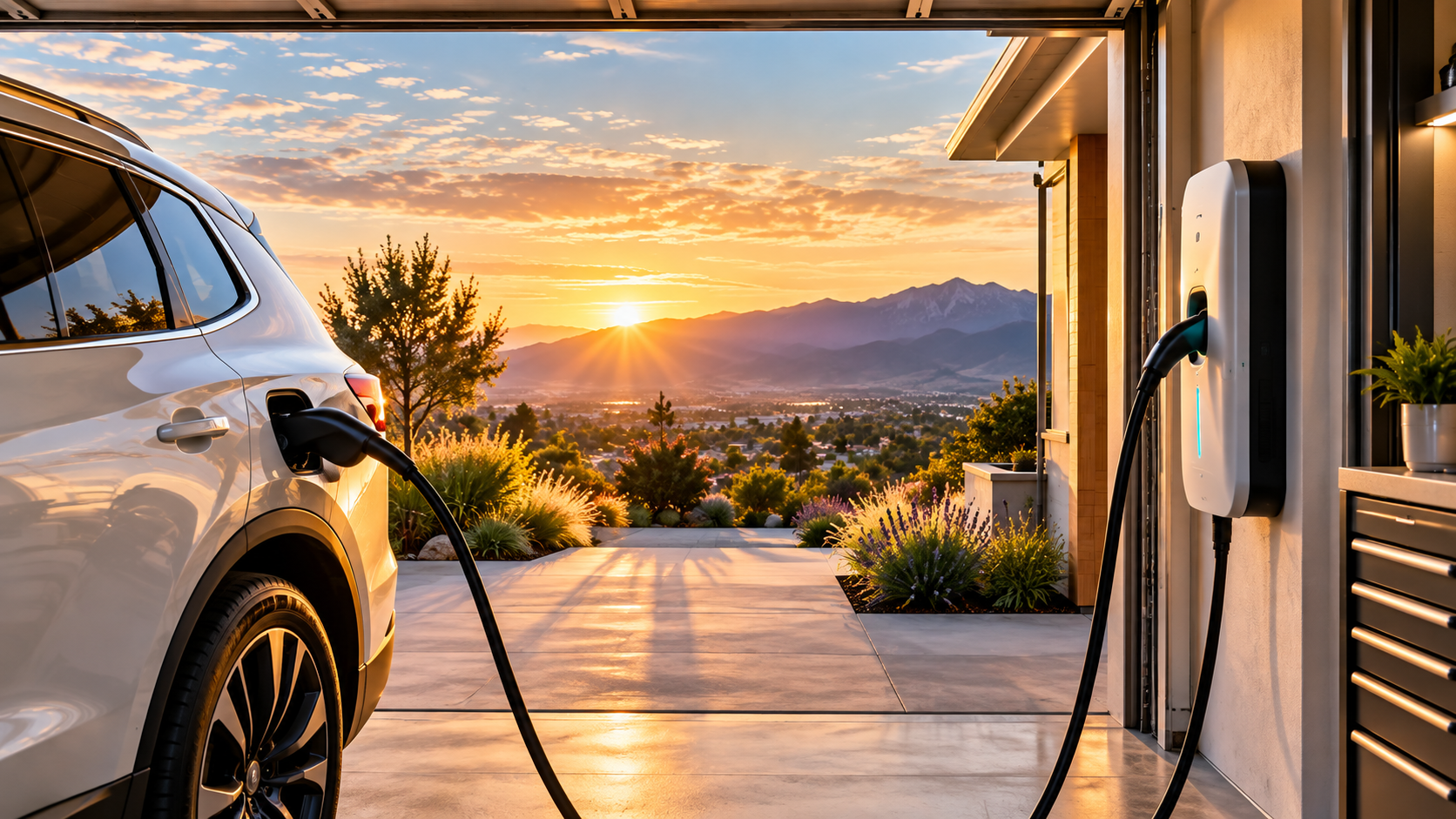 Electric vehicle charging in a residential garage at sunset