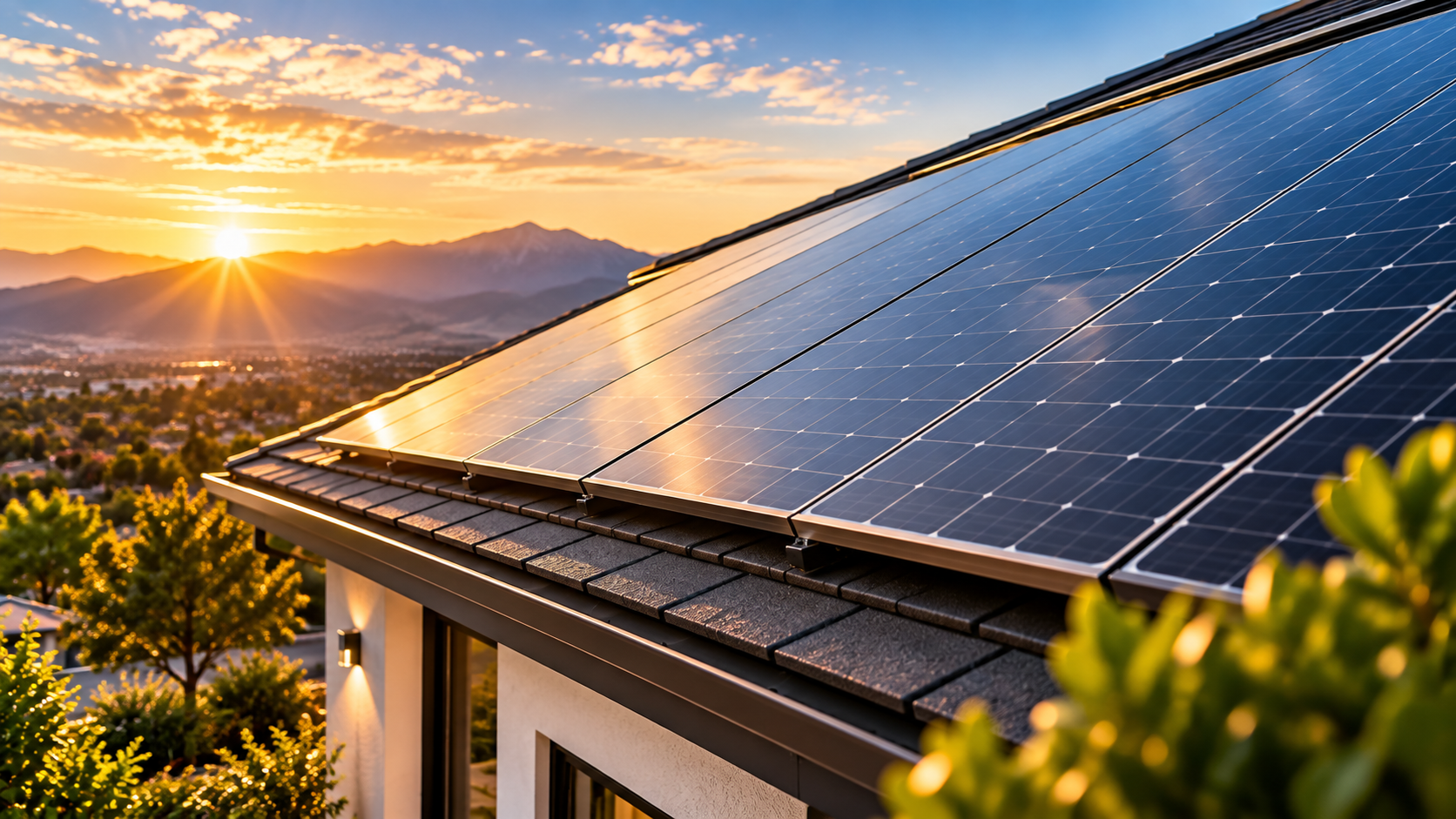 Close-up of residential rooftop Solar panels in warm sunlight