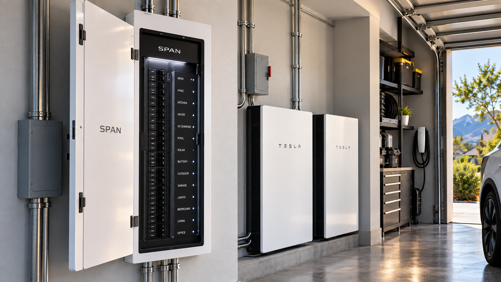 Realistically scaled Enphase batteries and open SPAN Smart Panel in a residential garage