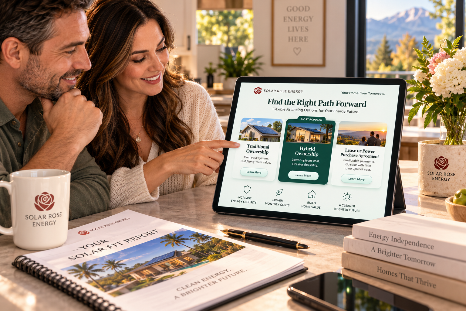 Homeowners reviewing Solar Rose Energy Financing options and a customized Solar Fit Report
