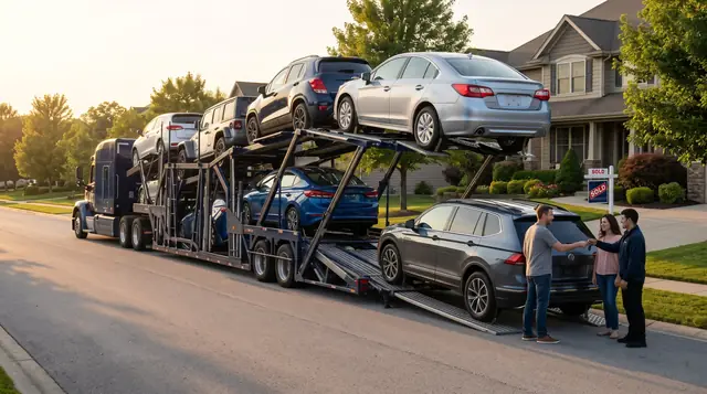A Mr. Car Shipper carrier loading a family SUV in front of their sold home while the driver hands over the keys