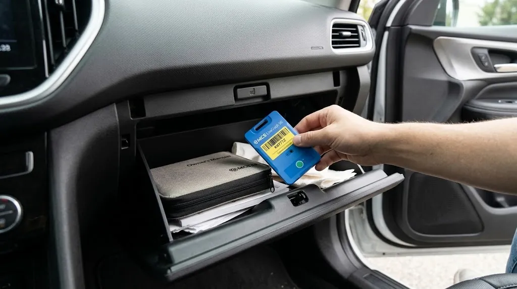 An MCS LiveTrack GPS tracker being placed in a car's glovebox before pickup