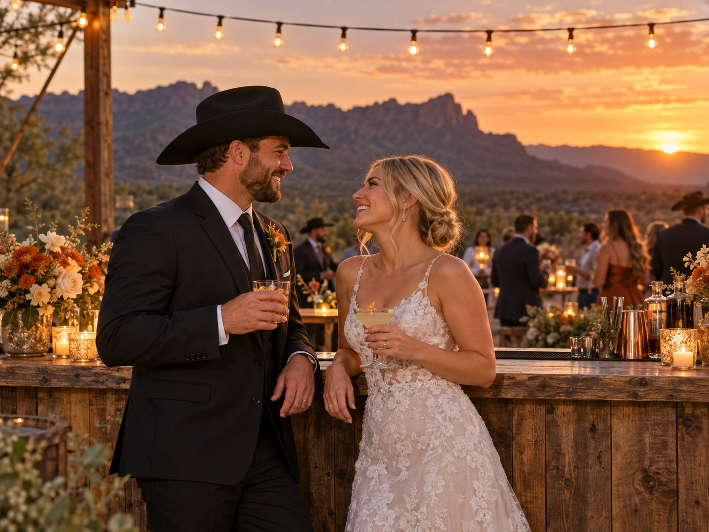 Wedding couple celebrating beside an outdoor bar at sunset