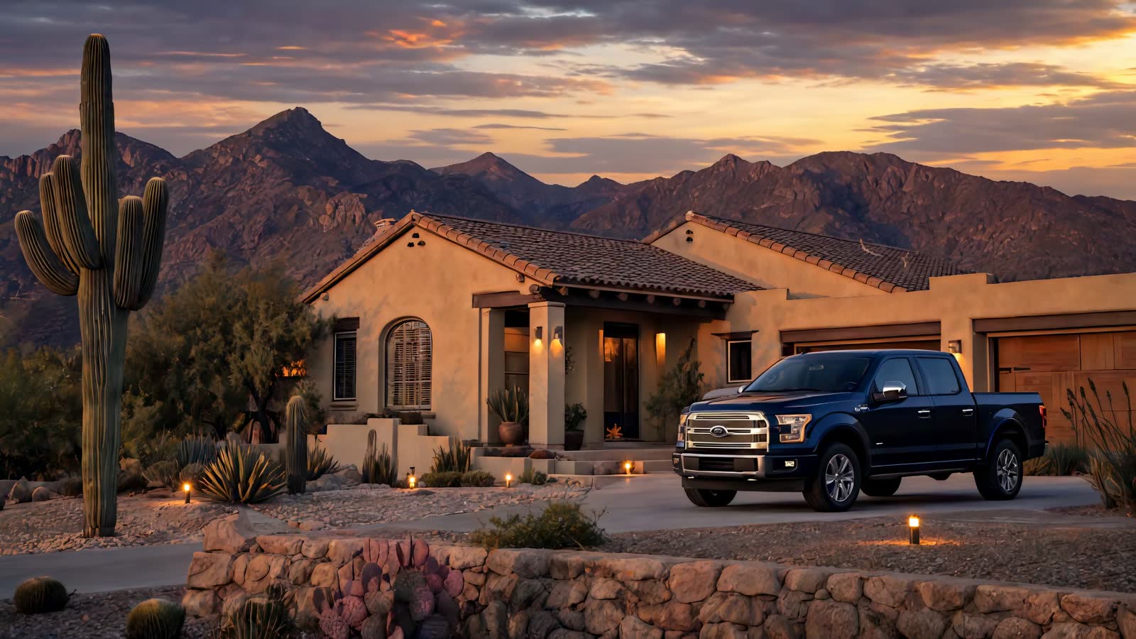 Southwest-style adobe home at golden hour, with saguaro and mountains in the background.