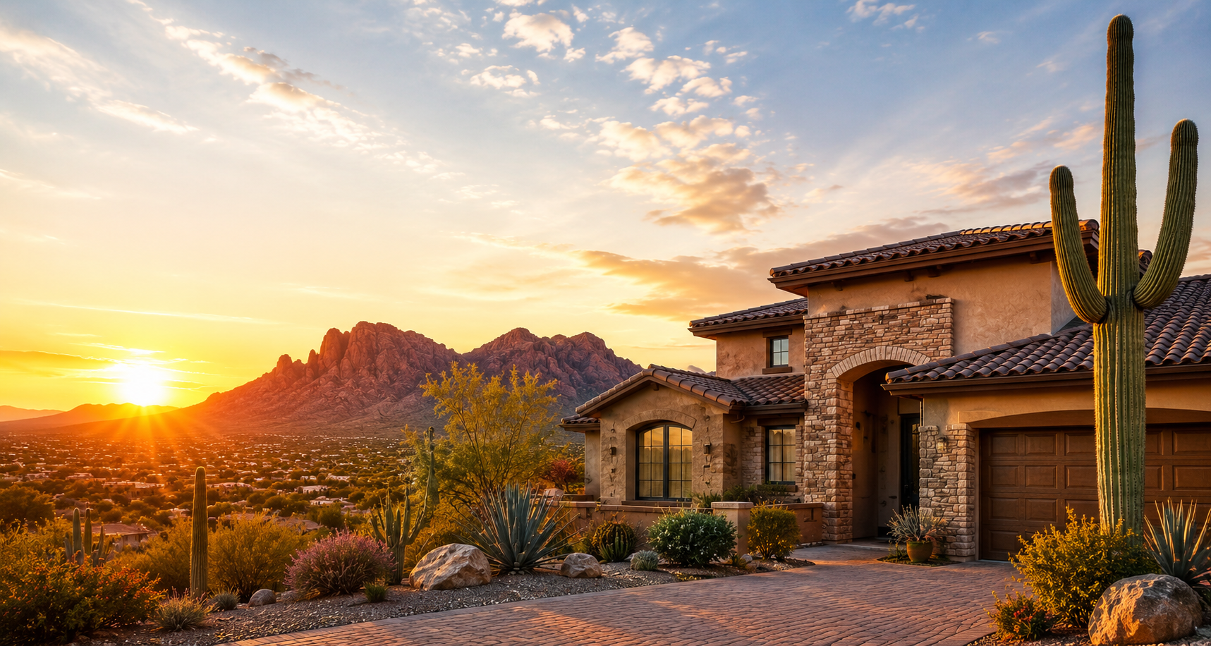Modern Arizona home at golden hour with mountains and saguaro
