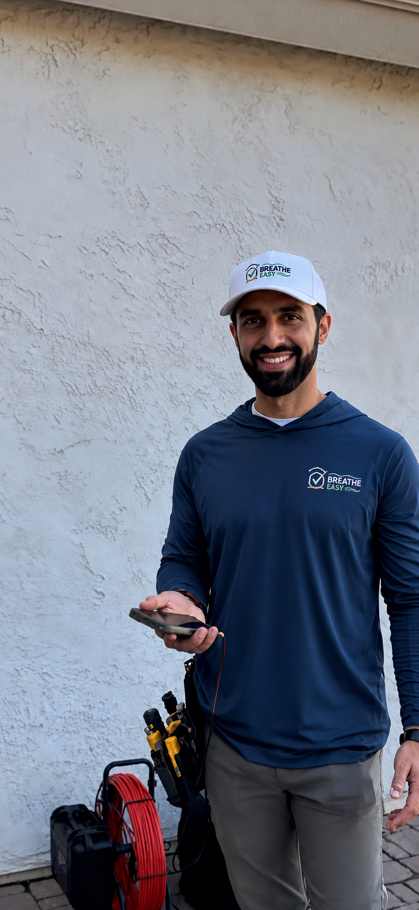 Konnor of Breathe Easy Home Inspections on site, phone in hand, tools at his side