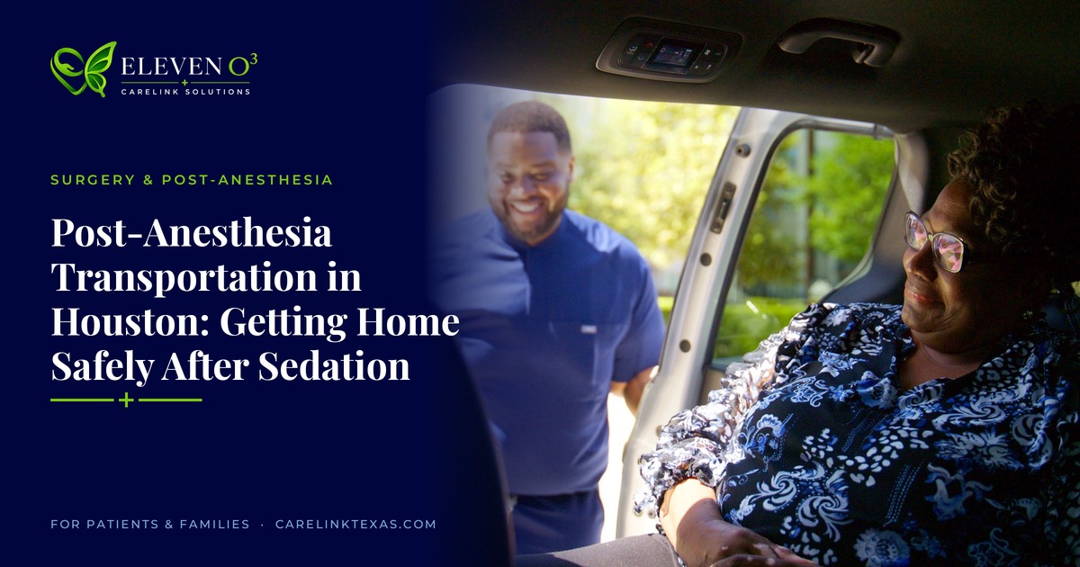 ElevenO3 CareLink Solutions driver assisting a passenger into the vehicle for a post-anesthesia ride home in Houston
