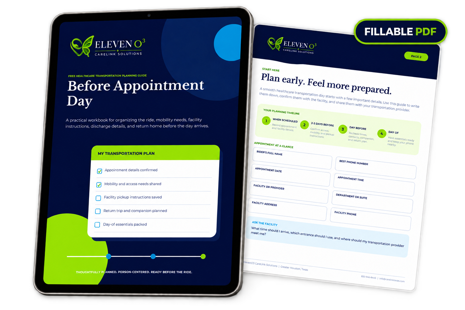 Before Appointment Day fillable healthcare transportation planning guide shown on a tablet with an inside planning page