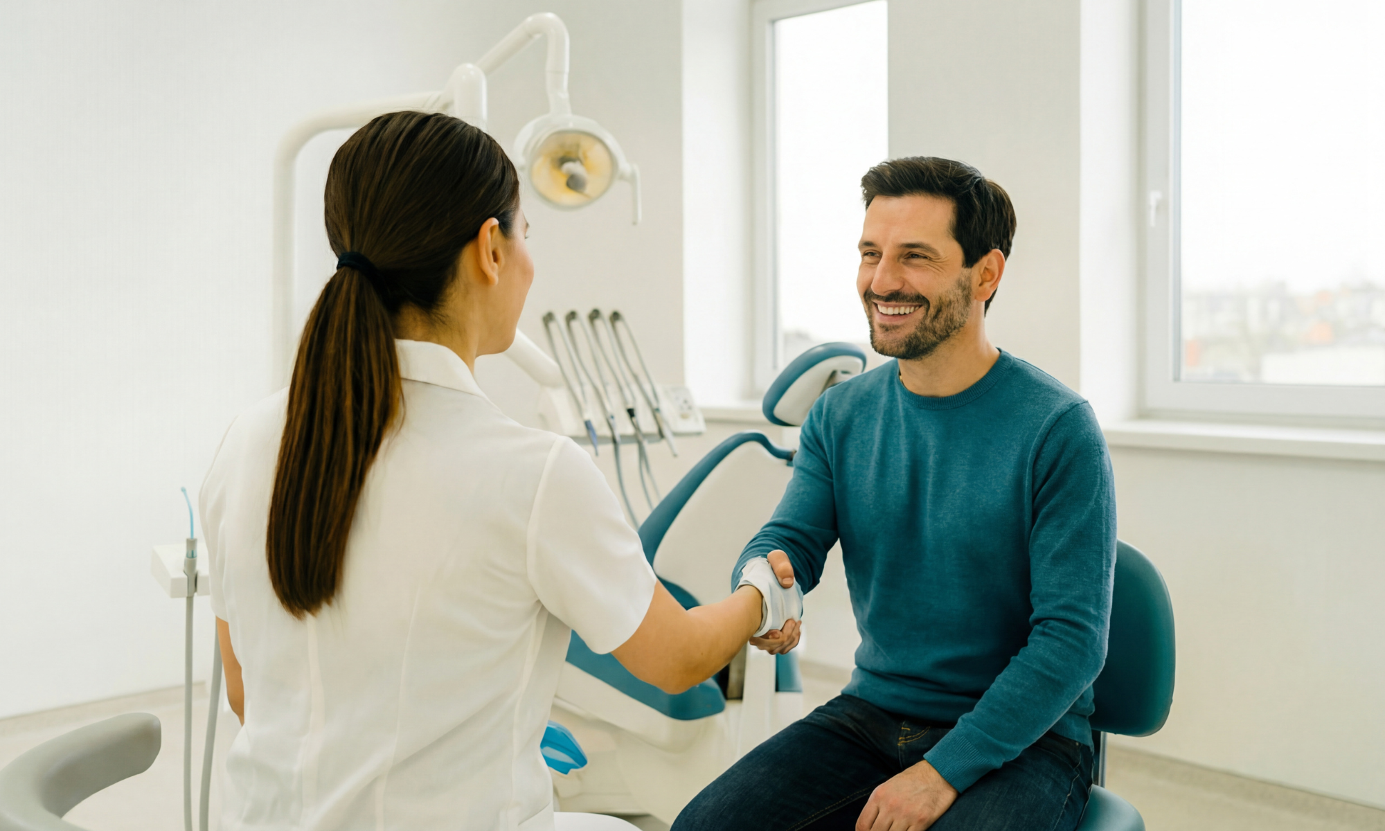 Dentiste à Genève en consultation avec un patient, illustrant l’écoute, la confiance et l’accompagnement personnalisé du Cabinet Châtillon.